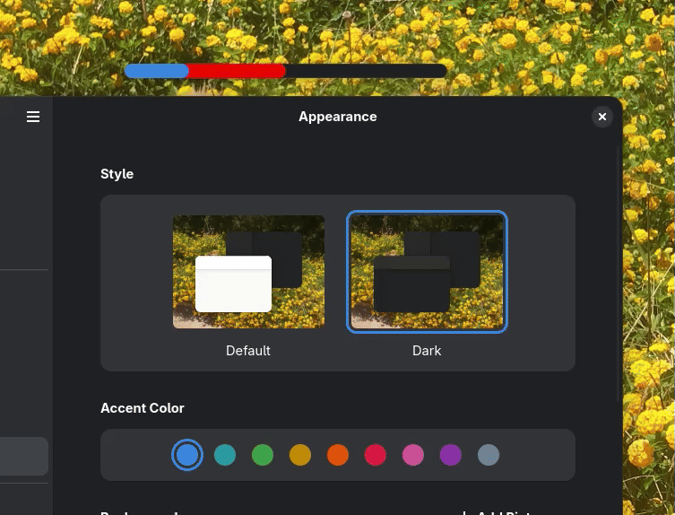 Screenrecording of the previous window and custom widget and GNOME settings. The user cycles through the accent colors in the settings apps and showcases that the bar in the foreground changes color to match the currently selected accent color.