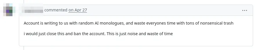 Screenshot of GitHub showing a comment from a blurred flathub reviewer 'Account is writing to us with random AI monologues, and waste everyones time with tons of nonsensical trash i would just close this and ban the account. This is just noise and waste of time'