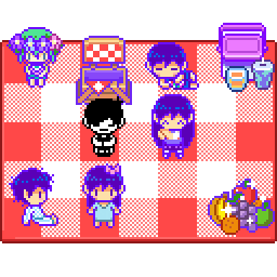 OMORI and friends in HEADSPACE sitting on a picnic doing little animations