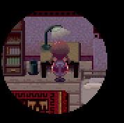 Yume Nikki sitting on a desk with a spotlight moving around them